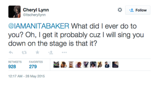 Illustration for article titled Twitter Beef: R&B Singer Cheryl Lynn Shades Anita Baker on Twitter After Realizing She’s Blocked